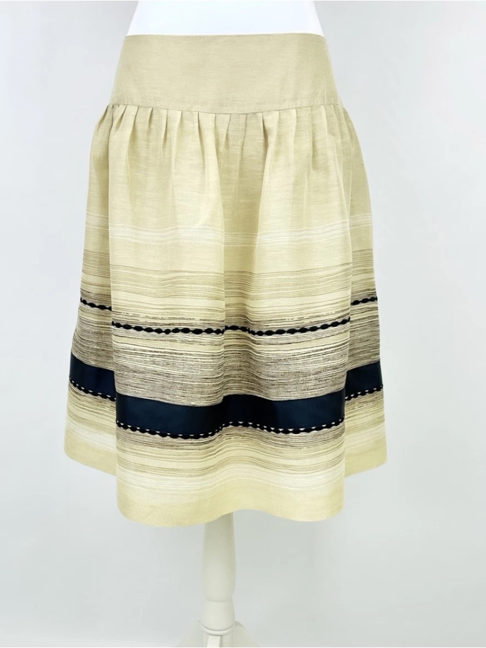 Alfani Petite Linen Silk A-Line Skirt Beige Black Embroidered 14P